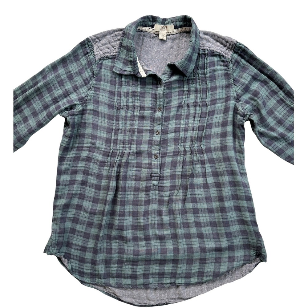 Vintage America Blues Celeste Tunic Women L Green Plaid Excellent Pintuck Henley